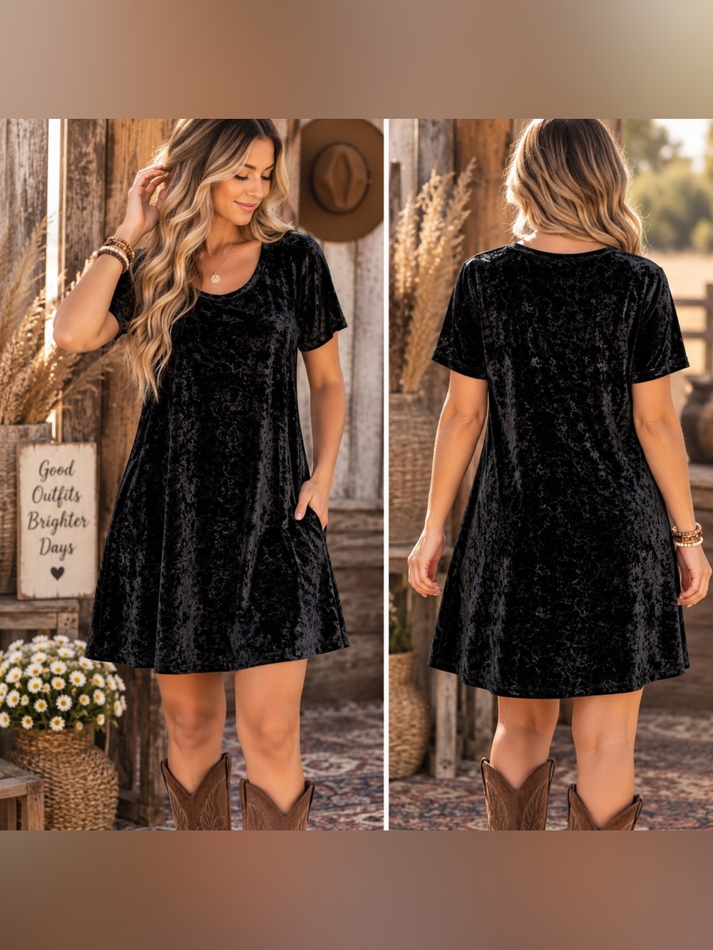 POL Velvet Short Sleeve Mini Dress - Black